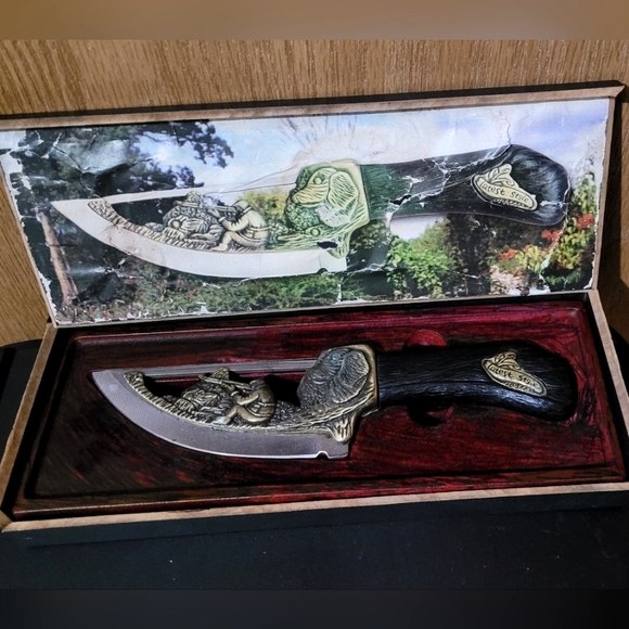 Collectors Vtg Brass and Stainless Steel Fixed Blade Knife w/Dog and Hunter … - Picture 7 of 16